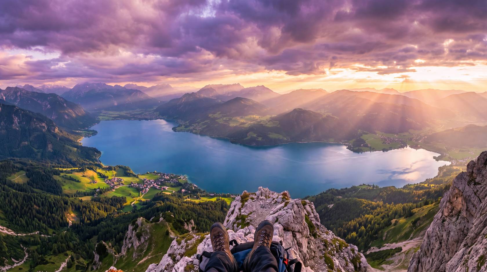 Gipfelblick über das Tal bei Sonnenuntergang